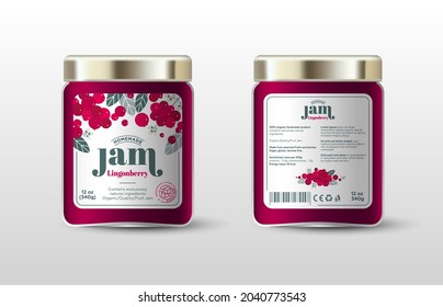 Lingonberry jam. Label for jar and packaging. Berries, leaves and flowers, text, stamp(sugar free).