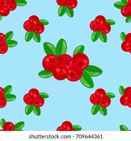 Lingonberry seamless pattern. Detailed hand drawn branches with berries. Colorful hand drawn illustration.