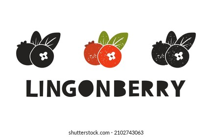 Lingonberry, iconos de silueta con letras. Imitación del sello, impresión con escaramuzas. Simple forma negra e ilustración del vector de color. Elementos aislados dibujados a mano sobre fondo blanco