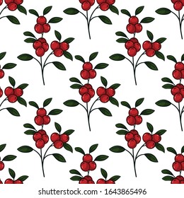 Lingonberry twigs seamless pattern; forest berries on white background; natural design for fabric, wallpaper, textile, wrapping paper, packages, web design.
