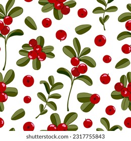 Patrón sin fisuras del vector de la lingonberry. El fondo de la fresa. Bayas y ramas del bosque rojo del norte con hojas aisladas en blanco. Dibujo manual de alimentos sanos con vitaminas para envasar, textiles