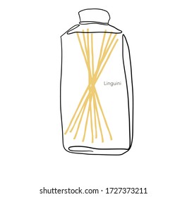 Linguini. Pasta in a jar simple linear drawing. Line art. Italian cuisine, pasta. Vector Illustration. Realistic dry macaroni, for cards, posters, design, logo, for printed matter.