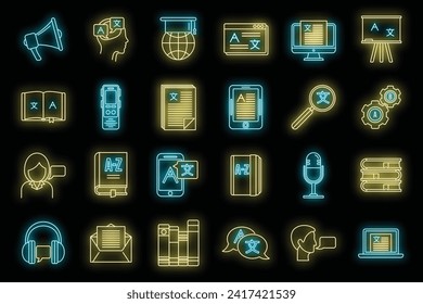 Linguist speak icons set. Outline set of linguist speak vector icons neon color on black