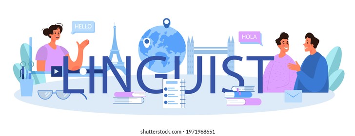 Linguist typographic header. Person translating document, books and speach. Multilanguage translator using dictionary, translation service. Isolated vector illustration