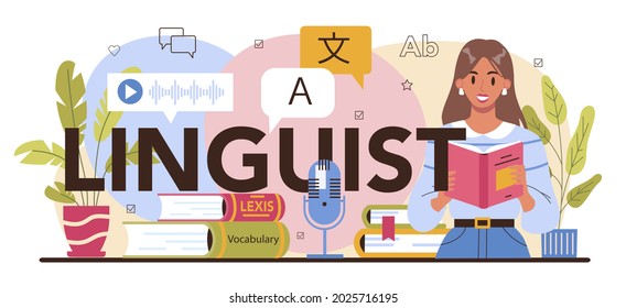 Encabezado tipográfico lingüístico. Traductor traduciendo documentos, libros y discursos. Traductor multiidioma usando diccionario, servicio de traducción. Ilustración vectorial aislada