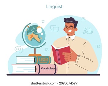 Linguistic concept. Scientific study of language, its history and development. Linguist translating document, books and speach. Multilanguage translator, polyglot. Flat vector illustration