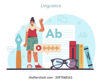 Concepto lingüístico. Estudio científico del lenguaje, su historia y desarrollo. Traducción lingüística de documentos, libros y discursos. Traductor multiidioma, políglota. Ilustración vectorial plana
