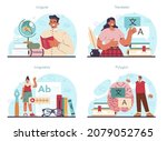 Linguistic concept set. Scientific study of language, its history and development. Linguist translating document, books and speach. Multilanguage translator, polyglot. Flat vector illustration