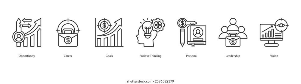 Linguistic Inclusion Icon Sheet Opportunity, Career, Goals, Positive Thinking, Personal, Leadership, Vision