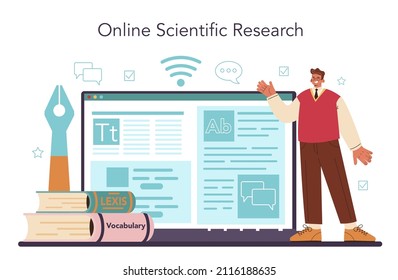 Linguistic online service or platform. Scientific study of language, its history and development. Linguist translating document. Online research. Vector illustration