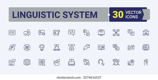 Linguistic System icon set. Containing talk, conversation, business, text, man, language and more. Perfect for logos and infographics. Editable stroke.