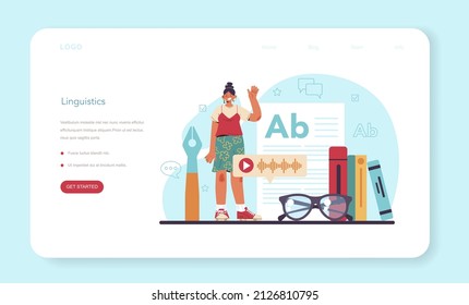 Linguistic web banner or landing page. Scientific study of language, its history and development. Linguist translating document, books and speach. Flat vector illustration