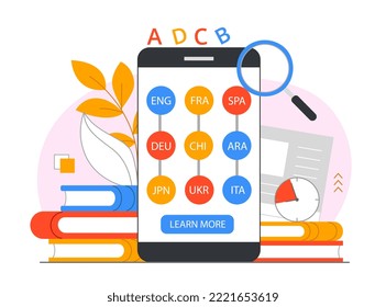 Concepto de infografía lingüística. Aplicación o programa para smartphone con nombres de diferentes países e idiomas. Tecnologías modernas y mundo digital, traductor. Dibujo vectorial plano de dibujos animados
