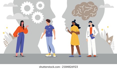 Linguistics as language. Communication and interaction of people from different countries. Characters evaluate work of brain. Speech analysis for global understanding. Cartoon flat vector illustration