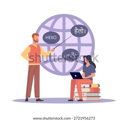 Linguistics. Language courses, teacher teaches student greetings in different languages, global communication skills and structured language education for students vector cartoon flat isolated concept
