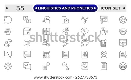linguistics and phonetics outline icon set. language, phonetic, phonology, morphology, syntax, semantic, pragmatic, cognitive, grammar, neural linguistic, computational, parsing, and descriptive.
