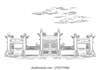 Lingxing Gates in front the Temple Heaven in Beijing  landmark China  Hand drawn vector sketch illustration in black color isolated white background China travel Concept Stock illustration