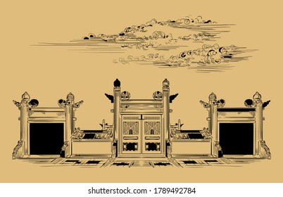 Lingxing Gates in front the Temple Heaven in Beijing  landmark China  Hand drawn vector sketch illustration in monochrome colors isolated beige background  China travel Concept 