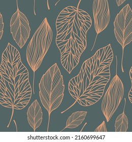 Liniar botanical pattern. Seamless outline illustration with different leaves on green background