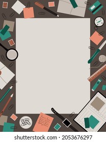 The lining, frame of the male desktop. Letters, diary, office, compass, wrist watch are scattered on the table. Design for detective stories. Flat vector illustration.