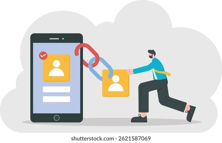 link with account. connecting or linking accounts. login using an email account. a user chained his account with a smartphone. technology. illustration concept design. app, software, ui, landing page
