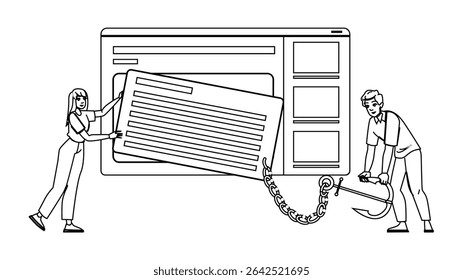 link anchor text vector. business audit, campaign internet, backlink url link anchor text character. people black line pencil drawing illustration