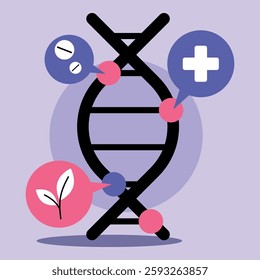 Link between health and genetics, featuring DNA structure along with symbols of medication, wellness, and nature. Biotech advancements concept
