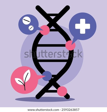 Link between health and genetics, featuring DNA structure along with symbols of medication, wellness, and nature. Biotech advancements concept
