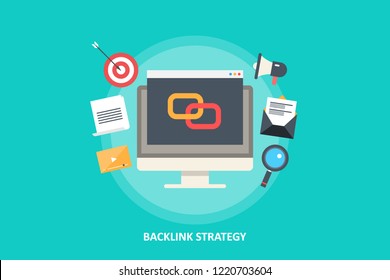 Link building - Backlink Strategy for SEO marketing - flat design vector illustration with seo icons