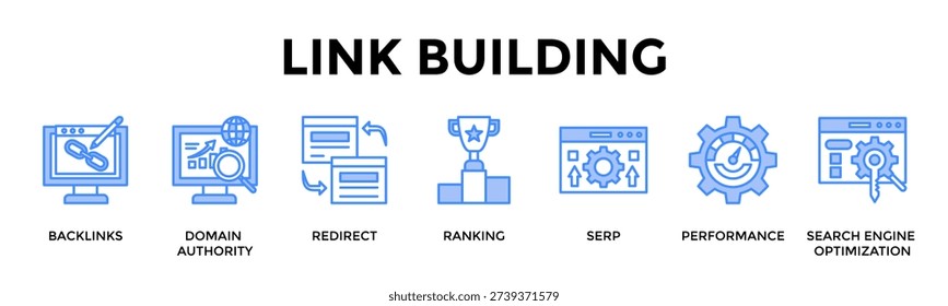 Link Building Banner Web Icon Set Collection Pack Vector Illustration Concept For Backlinks, Domain Authority, Redirect, Ranking, Serp, Performance, Search Engine Optimization