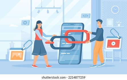 Link building between website pages. Search engine optimization concept, SEO. People holding chain on bowser window. Flat cartoon vector illustration with people characters for banner, website svg