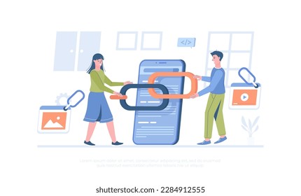 Link building between website pages. Search engine optimization concept, SEO. People holding chain on bowser window. Cartoon modern flat vector illustration for banner, website design, landing page. svg