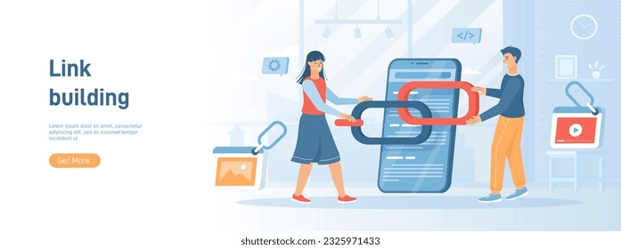 Link building between website pages. Search engine optimization concept, SEO. People holding chain on bowser window. Flat concept great for social media promotional material. Website banner svg