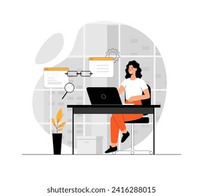 Link building between website pages. Search engine optimization concept SEO. Woman work with embedding referral link URL, page rank algorithm.Illustration with people scene in flat design for websit