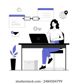 Link building between website pages. Search engine optimization concept SEO. Woman work with embedding referral link URL, page rank algorithm. Vector illustration with line people for web design.