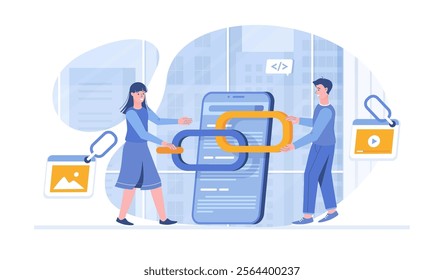 Link building between website pages. Search engine optimization concept, SEO. People holding chain on bowser window. Vector illustration with characters in flat design for web banner.	
