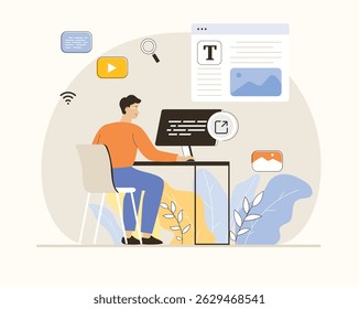 Link building concept. Man with external links create connections between websites. Search engine optimization, SEO, hyperlink. Flat vector illustration.	
