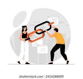 Link building concept. Search engine optimization, SEO. People holding chain on bowser windows. Illustration with people scene in flat design for website and mobile development.	
 svg