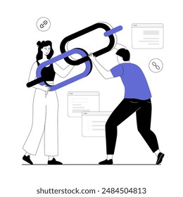 Link building concept. Search engine optimization, SEO. People holding chain on bowser windows. Vector illustration with line people for web design.	
