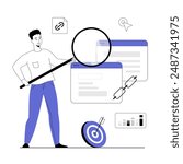 Link building concept, SEO search engine optimization. Man holding magnifying glass above browser windows with chain. Vector illustration with line people for web design.