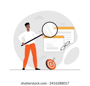 Concepto de construcción de enlaces, optimización de motores de búsqueda SEO. Hombre sujetando una lupa por encima de las ventanas del navegador con una cadena. Ilustración con la escena de personas en diseño plano para el desarrollo de sitios web y móviles.