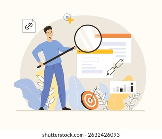 Link building concept, SEO search engine optimization. Man holding magnifying glass above browser windows with chain. Flat vector illustration.