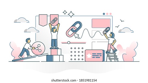 Link Building As Connect Or Share Website Content Information Outline Concept. Embed Home Page Info And Obtain Data With Backlink Technology Vector Illustration. Company Site Optimization Teamwork.