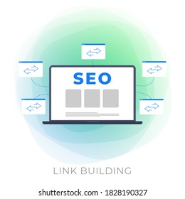 Link Building flat vector modern icon - SEO strategy with backlink Digital Search Engine Optimization. Link Building Marketing business concept with site on laptop and icons of other sites with links