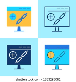 Link building icon set in flat and line style. SEO hyperlink optimization symbol. Website page with chain symbol. Vector illustration.
