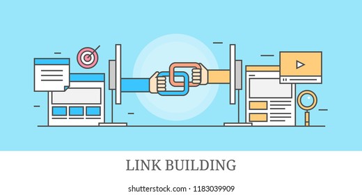 Link building, inbound links, backlink building, seo concept outline banner isolated on blue background