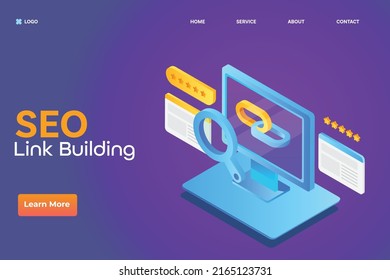 Concepto isométrico de creación de vínculos, enlaces a sitios web, software de creación de vínculos SEO, recopilación de enlaces traseros - plantilla de página de aterrizaje de ilustración de vector 3D con iconos