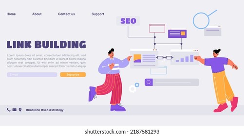 Link building landing page. Characters use search engine optimization, SEO, hyperlink connection between online websites. Successful strategy for home page development, Line art flat vector web banner