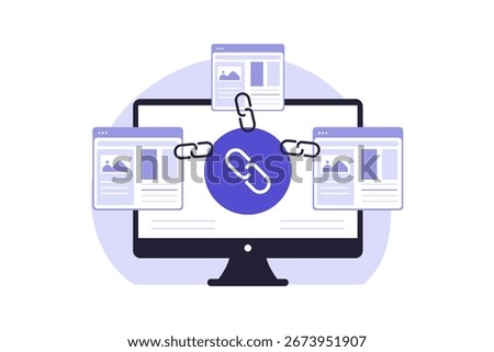 Link Building and Off-Page SEO Strategy Illustration. A Visual Representation of a Professional Digital Marketing Strategy to Connect Web Pages and Boost Authority. Vector Flat Illustration