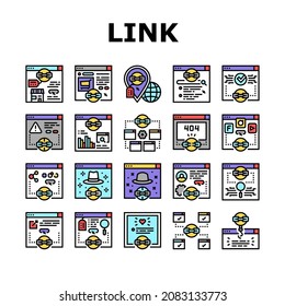 Link Building And Optimization Icons Set Vector. Website Link Analytics And E-commerce, With Proper Anchor Text And Social Sharing Line. 404 Error And Guest Post Service Color Illustrations